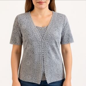 Chances R Gray Romantic Lace Feminine 2 Layer Short Sleeve Sweater Sz Med